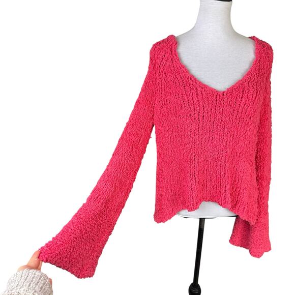 Free People Sand Dune Pullover Coral Pink V-Neck Long Bell Sleeve Fuzzy Sweater - Picture 6 of 12